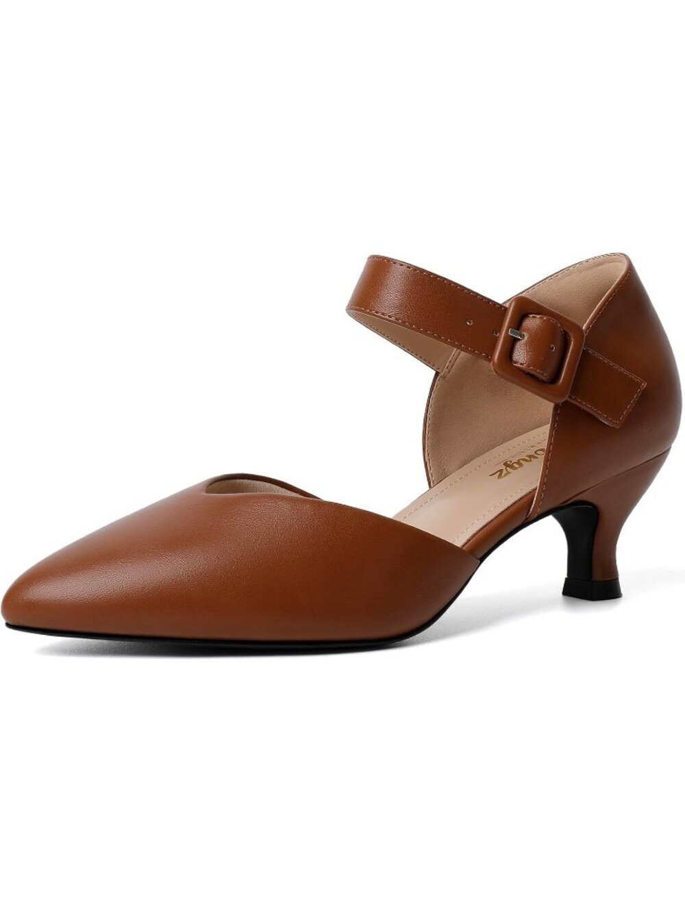 Women's Brown Kitten Heel Pointed Closed Ankle Strap Buckle Slip On Shoes